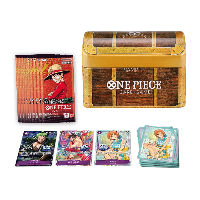 One Piece card game packaging with character cards and wooden chest on a white background